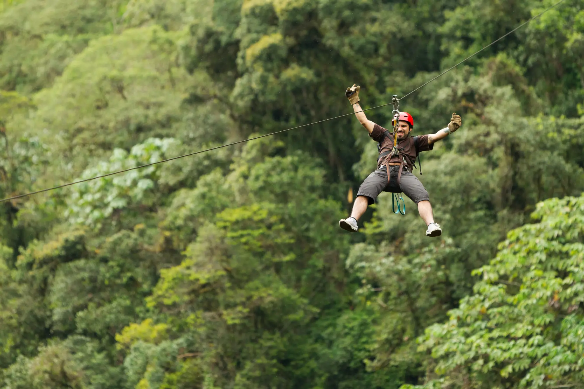 Someone ziplining above the forests in Uganda.